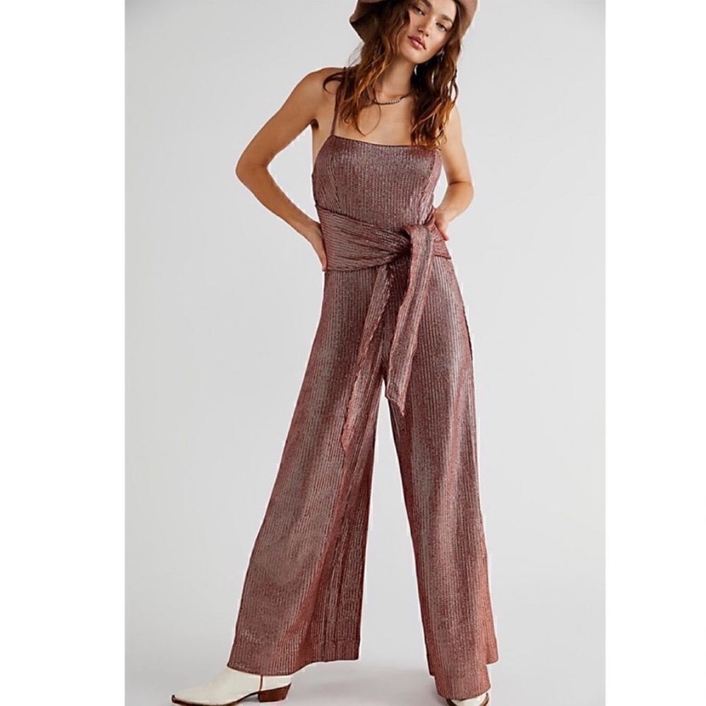 Free People Shimmer And Shine Jumpsuit In Metallic Copper Size L